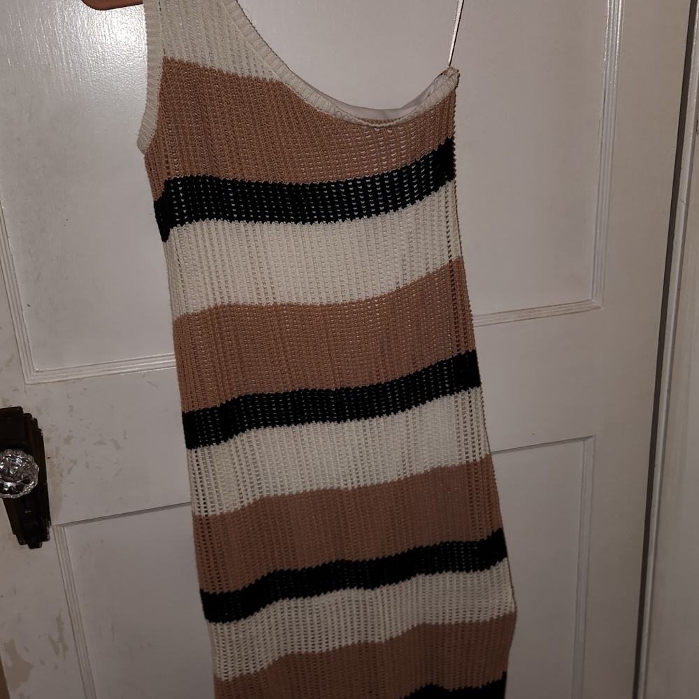 Vestique Tan and Black Striped Midi Dress